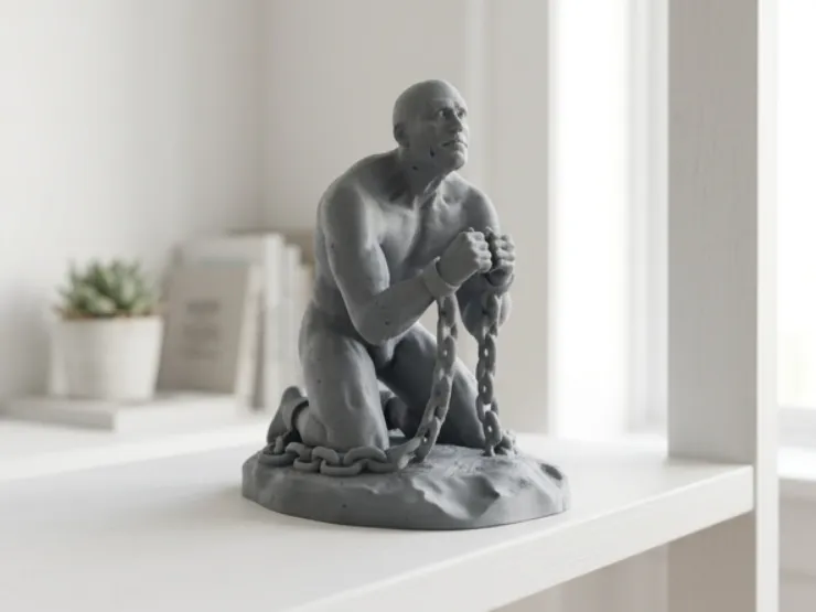 Ironbound Resilience: Kneeling Man Sculpture with Chains