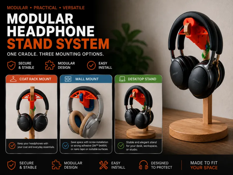 Modular Headphone Stand - wall mount, desktstand, coat rack