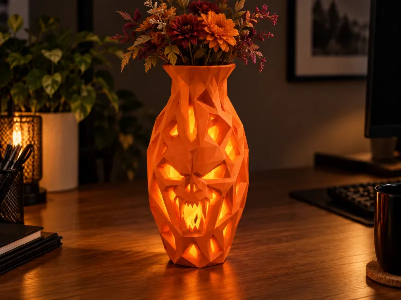 Vaso Alto Low-Poly Abóbora Jack-o'-Lantern de Halloween