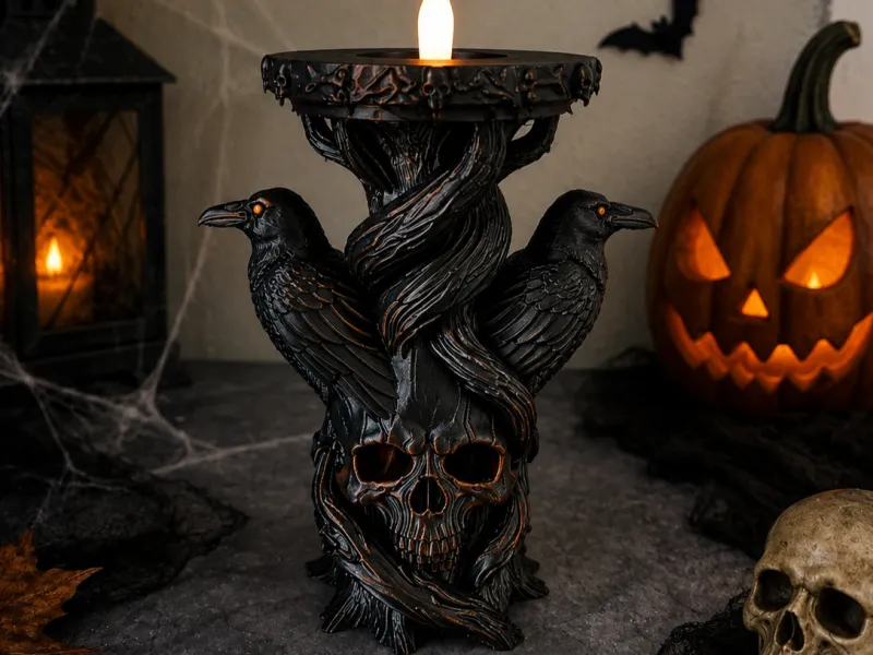 Gothic Raven Skull Candle Holder