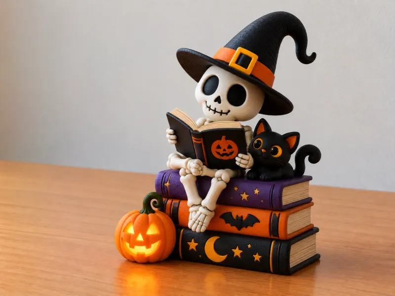 Spookachtige Heks Skelet & Kat Boekenstapel