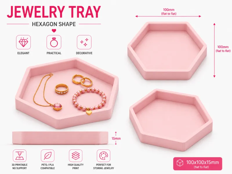 Plateau à bijoux hexagonal – 100 mm (à plat)