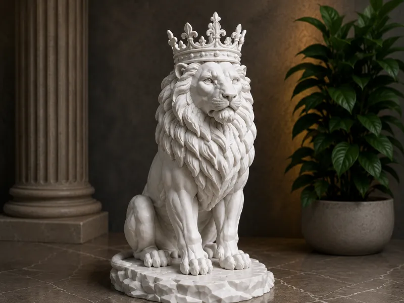 Löwenkönig – Majestätische Skulptur eines gekrönten Löwen