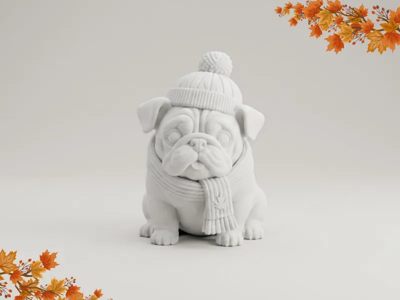 Modelo 3D de figurilla de bulldog otoñal y acogedor