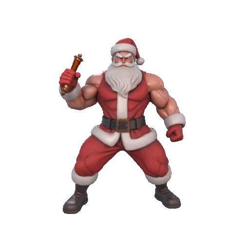 A muscular Santa tightly clutches a case in his hand, inside