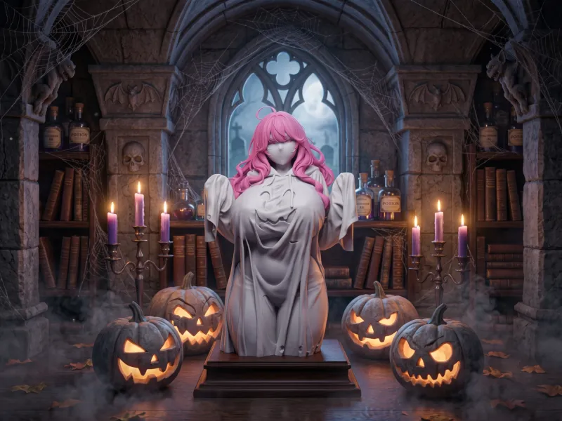 Fată anime purtând un costum de Halloween cu dovleac malefic