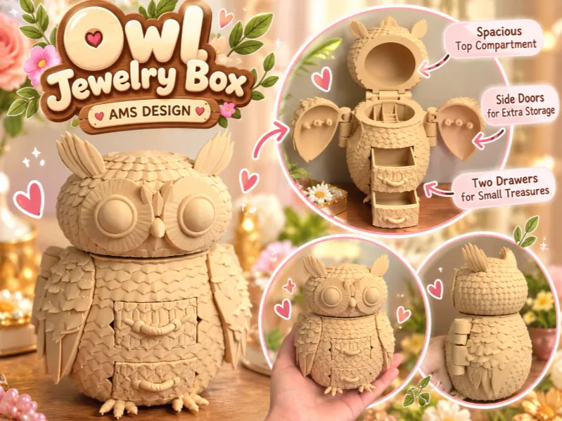 Boîte à bijoux en forme de hibou – Compartiments, tiroirs et ailes ouvrantes