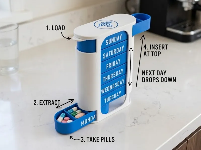 Organiseur et distributeur hebdomadaire ultime de pilules à cascade gravitaire