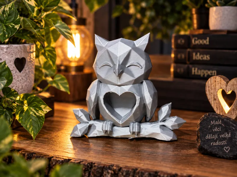 Gufo Low Poly con Cuore – Carina Decorazione d'Amore
