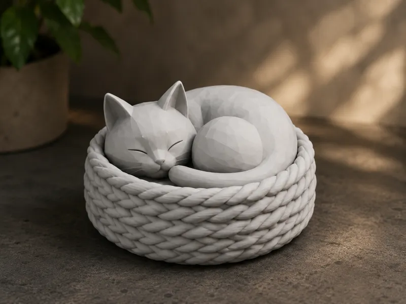 Sleeping Cat in Basket – Low Poly Decoration