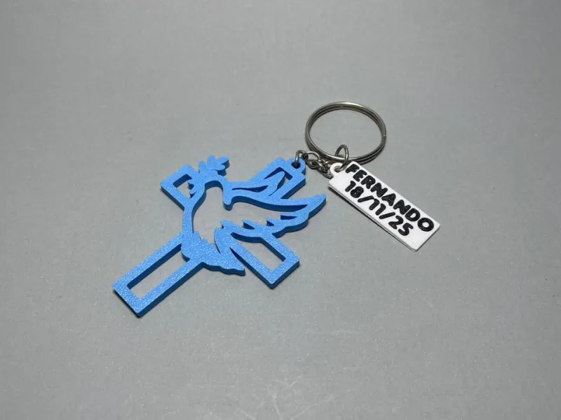 Porte-clés Croix avec Colombe – Communion – Avec Date Personnalisable