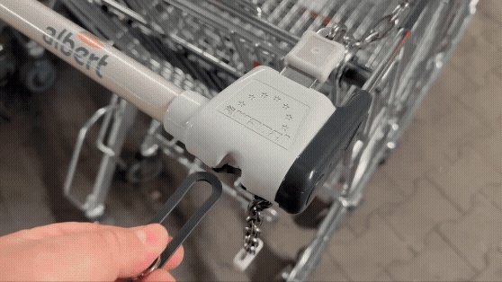 Removable shopping cart coin with seat belt plug
