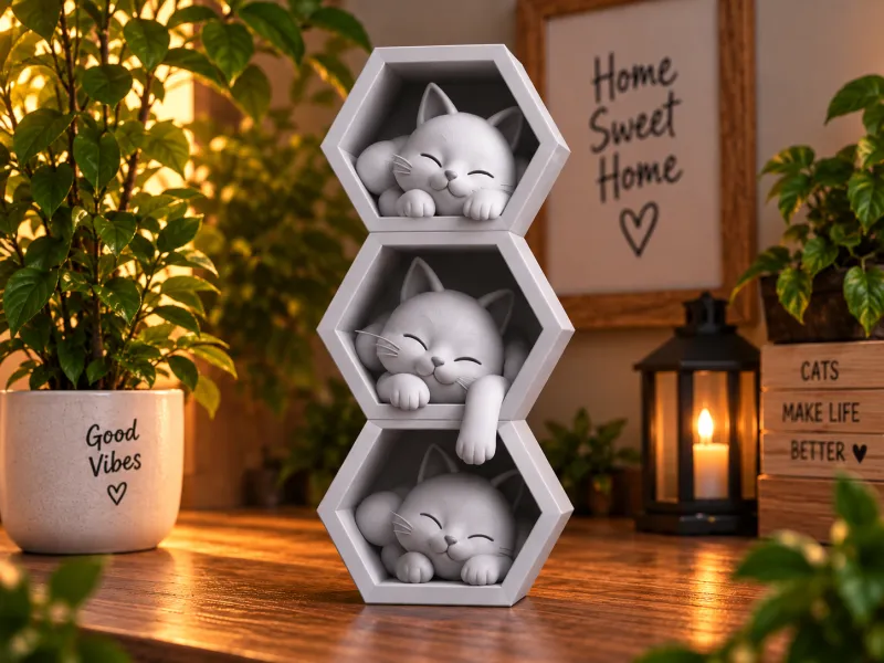 Three Sleepy Cats – Hexagon Shelf Decoration