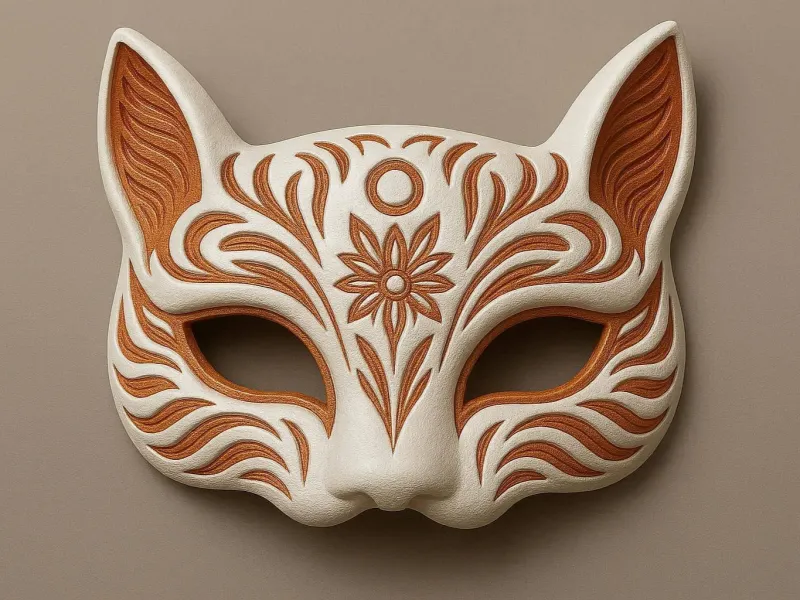 Japanese Cat Mask with Carved Floral Patterns
