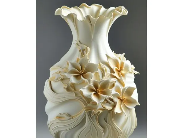 Ivory Frilled Vase with Plumeria