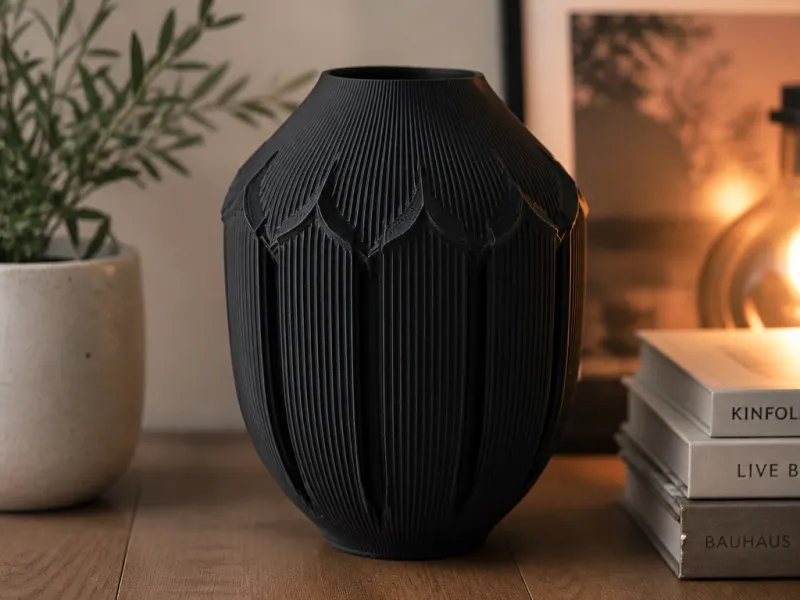 Black Ribbed Art Deco Vase - Modern Minimalist Decor