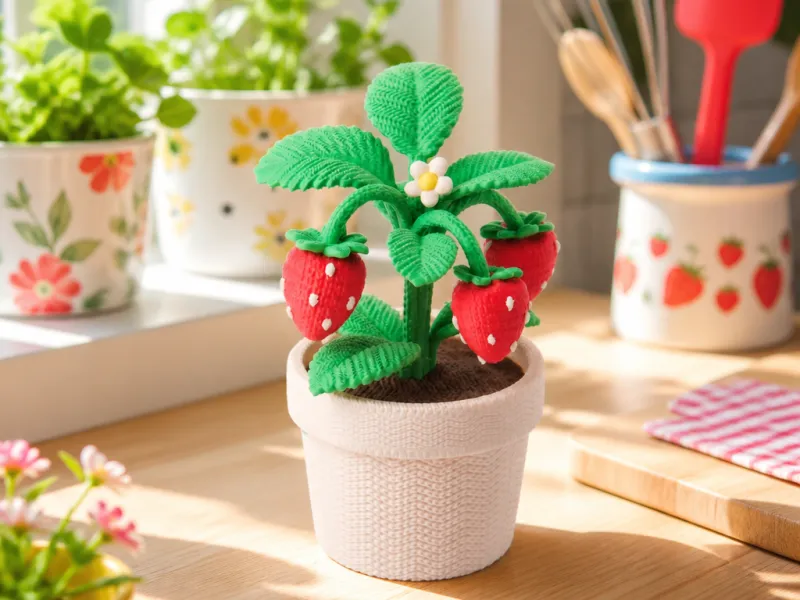 Cute Knitted Strawberries in Pot Decorative Plant