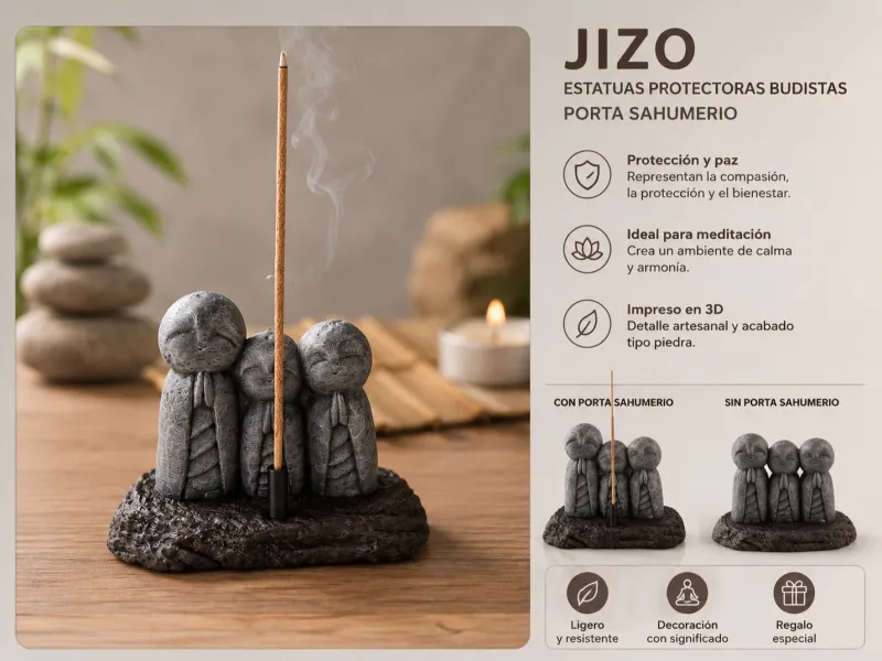 Lächelnde Jizo-Statuen mit und ohne Räucherstäbchenhalter