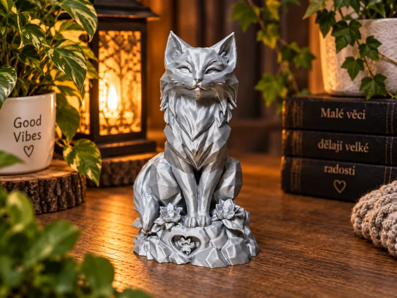 Elegante statua di gatto Low Poly – Decorazione floreale per gatti