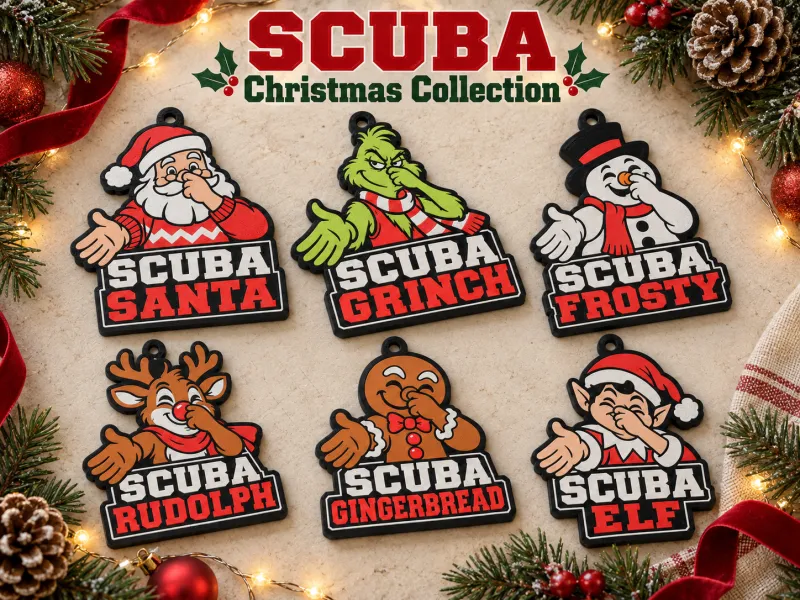 Scuba Christmas Ornaments - Grinch, Santa, Elf, Frosty, etc.