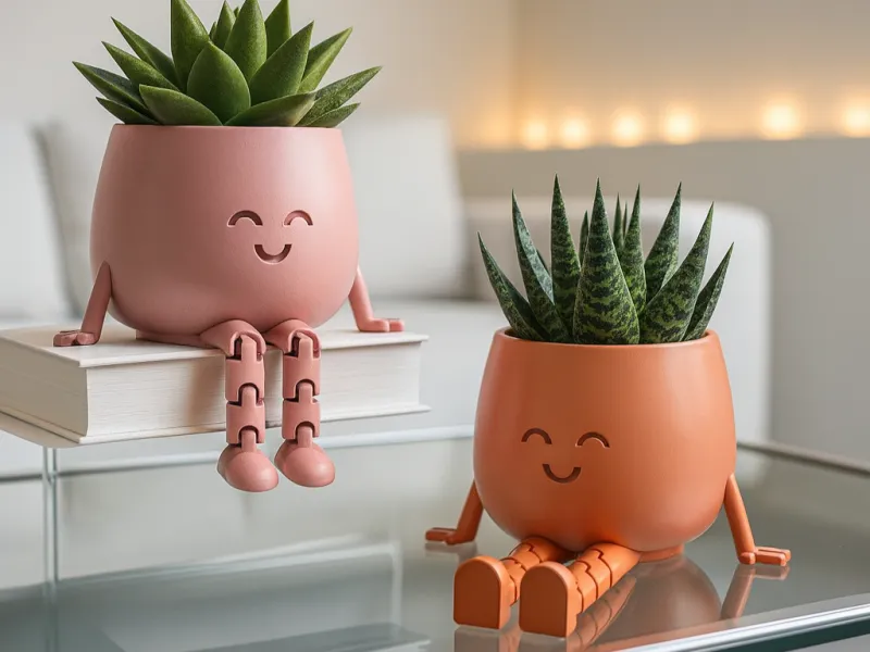 Vaso de Plantas com Pernas Flexíveis e Rosto Feliz, Vaso Sorridente Articulado