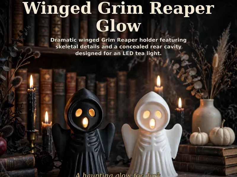 Winged Grim Reaper Tea Light Holder, Gothic Winged Skeleton