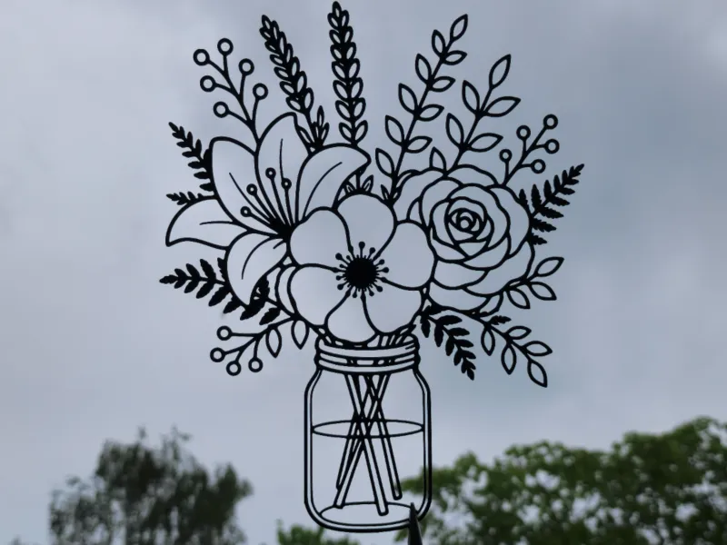 Arte de Parede 2D com Buquê Floral em Pote de Vidro