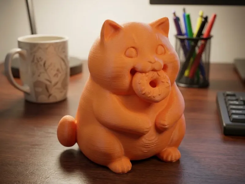 Donut Yiyen Sevimli Şişman Kedi Heykeli