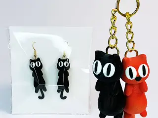 Cute Flexi Cat w tail Keychain, Earring & Magnets