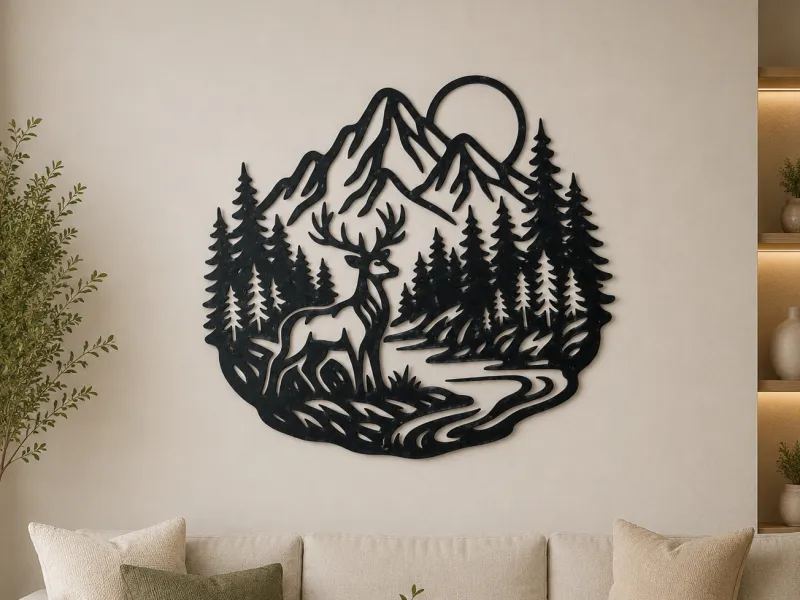 Deer Forest Mountain 2D Wall Art