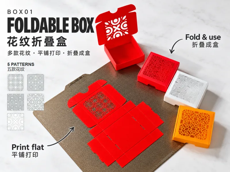 Caixa de avião com 5 padrões de motivos chineses, caixa de presente, caixa de armazenamento, impressão plana, montagem fácil, organização de mesa, teste de primeira camada