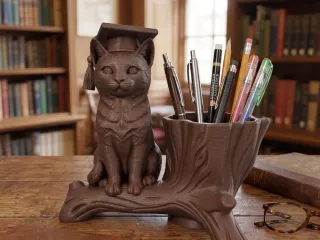Pen holder cat on a branch