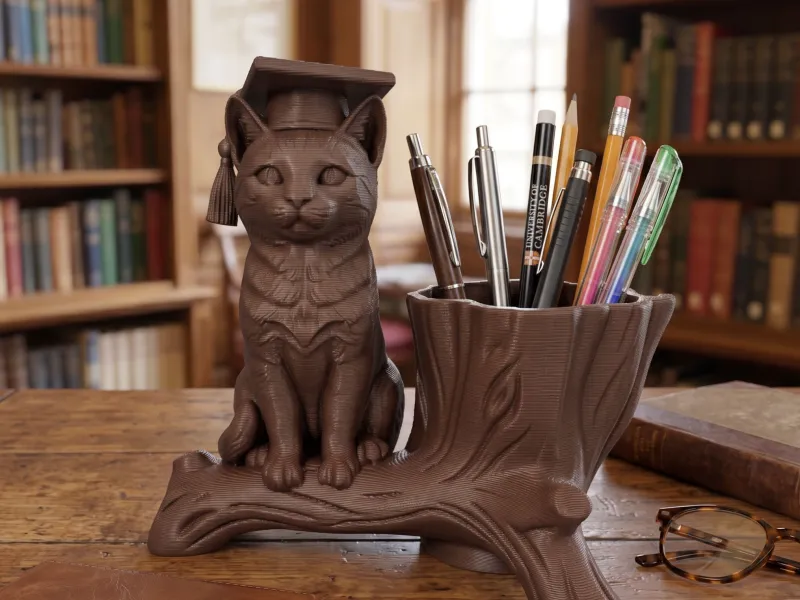 Pen holder cat on a branch