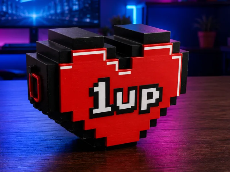 1UP Pixel Heart | Gamer Wall Storage & Medkit