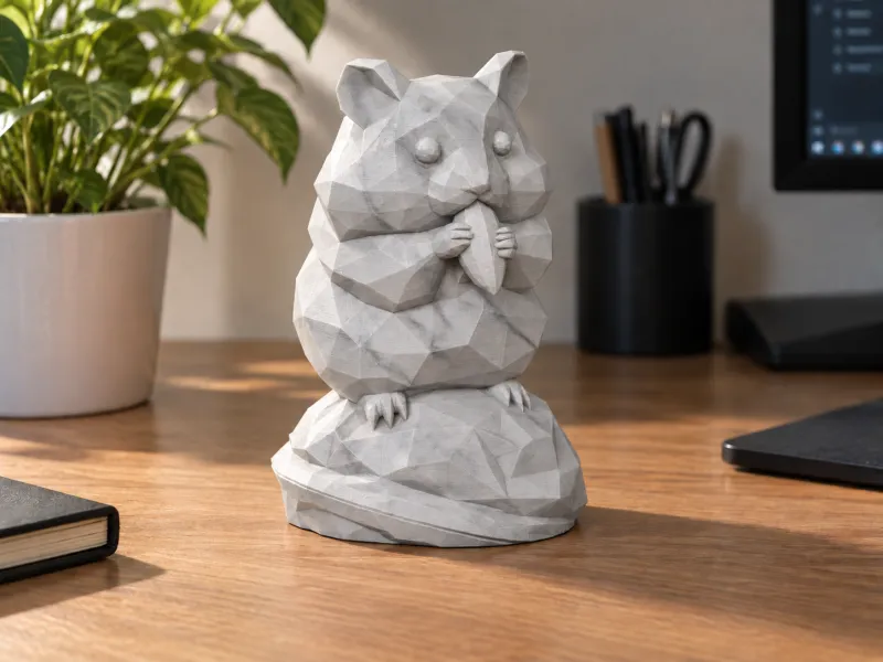 Polygonale Hamster Snacktijd op een Halve Notenstandaard