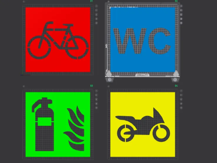 Feuerlöscher-, Velo-, Motorrad-, WC-Symbole, als Schablonen