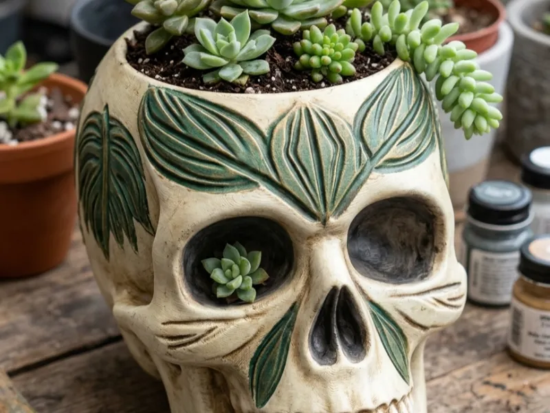Botanical Skull Planter - Floral Carved Succulent Pot