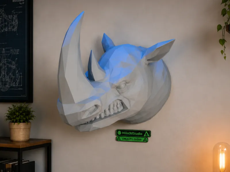 Support mural tête de rhinocéros furieux en low poly