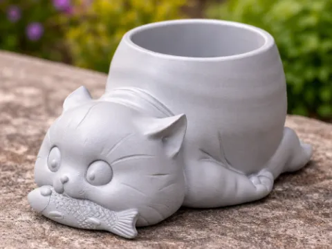 Schattige kat met vis bloempot