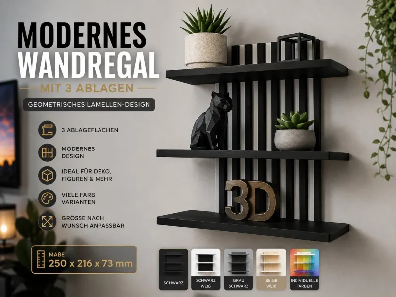 Modernes Wandregal mit 3 Ablagen – Geometrisches Lamellen-De