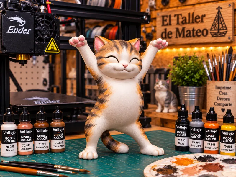 Gato Feliz con Brazos en Alto – El Taller de Mateo