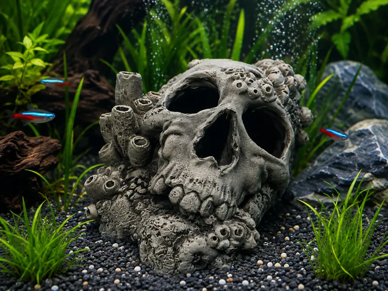 💀 Totenkopf-Aquariumhöhle mit Korallen