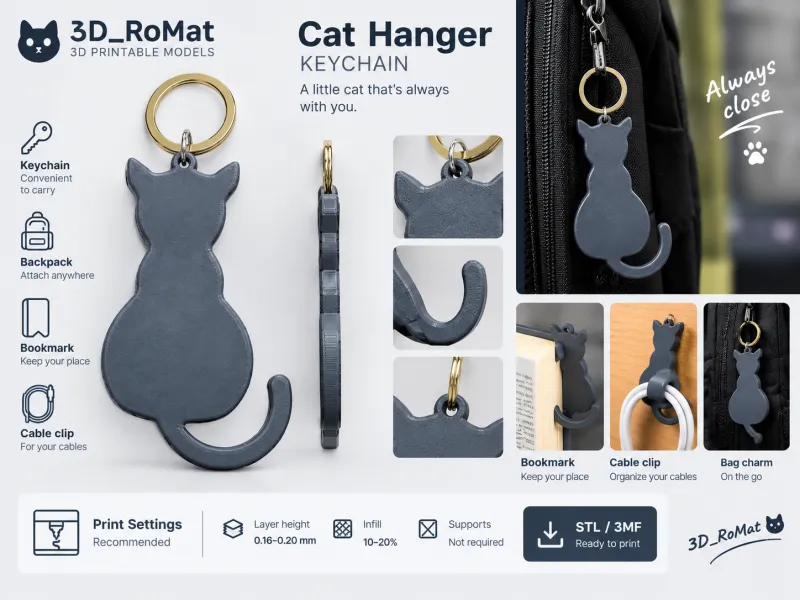 Minimalist Cat Keychain / Bag Charm (No Supports) by 3D_RoMa