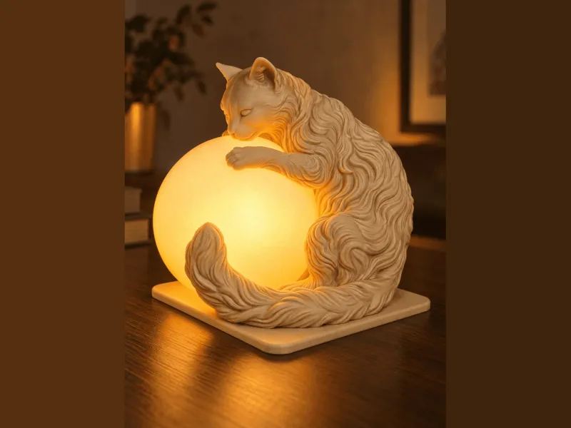 Luminária de Lua com Gato Dormindo | Luz Noturna Aconchegante de Gato STL