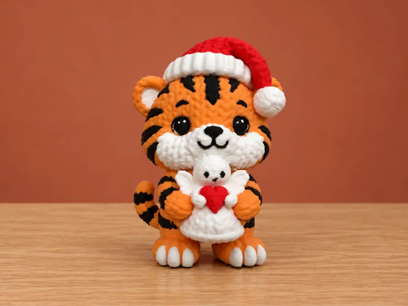 Gebreide kersttijger die een engel omhelst