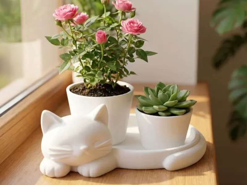 Conjunto de Vaso de Gato Dormindo e Bandeja Integrada