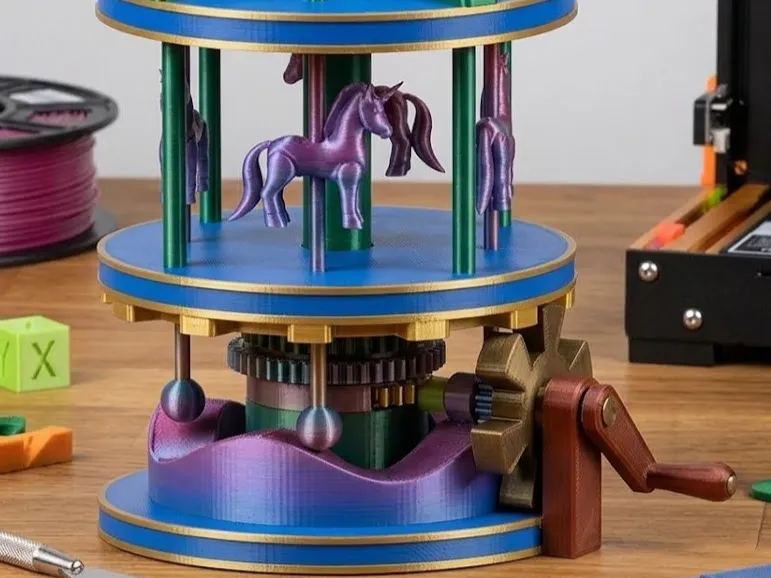 Mechanisches Karussell - 3D-gedrucktes bewegliches Einhorn-Karussell