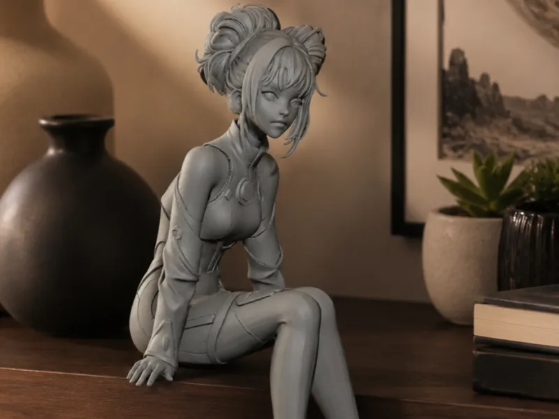 Graziosa ragazza cyberpunk seduta, decorazione da scrivania