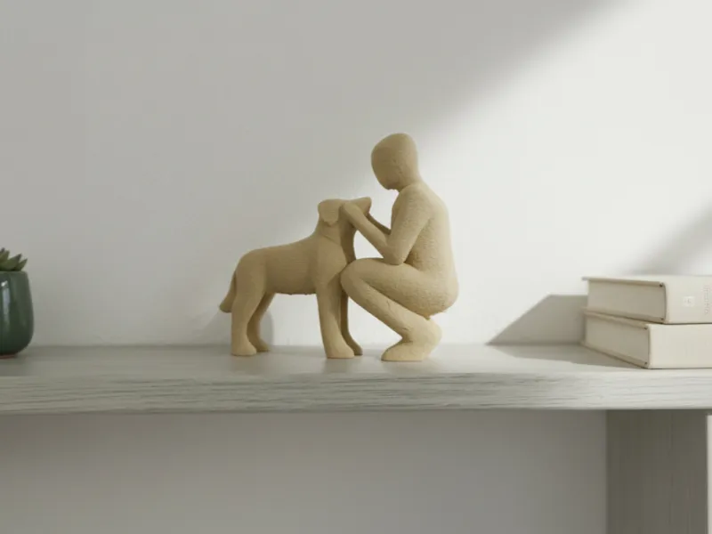 Minimalist Man Kneeling with Dog Sculpture