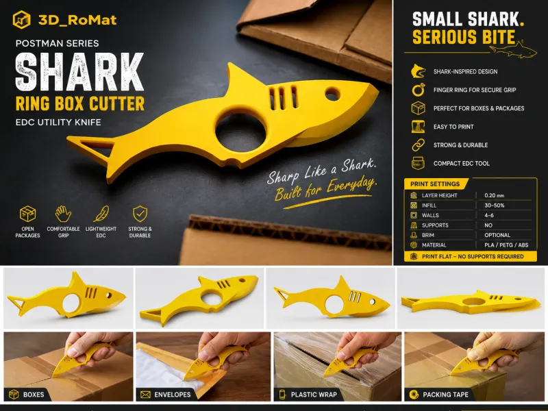 Shark Ring Box Cutter | EDC Utility Knife | 3D Printable